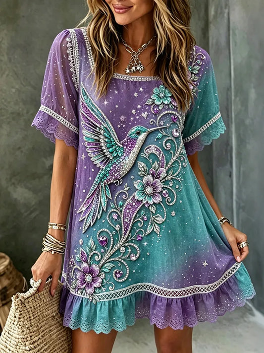 Women's Purple Floral & Hummingbird Print Alzheimer's Awareness Casual Mini Dress