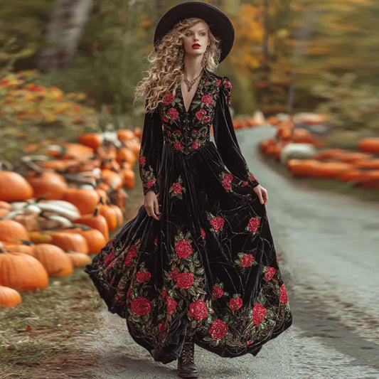 Women's Vintage Halloween Rose Art Comfy Velvet Maxi Dress