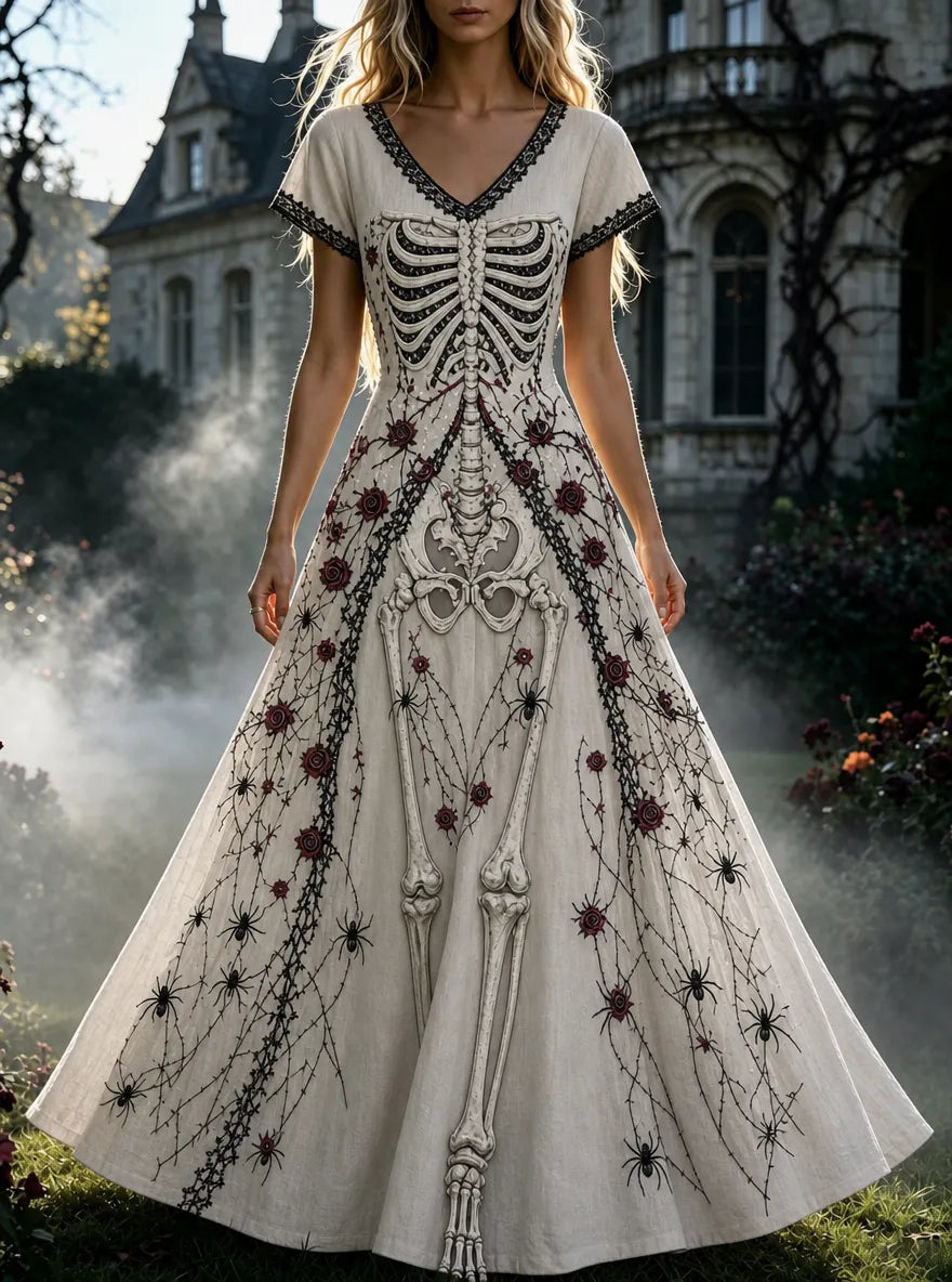 Women's Retro Gothic Skull Floral Pattern Short Sleeves Maxi Halloween Dress