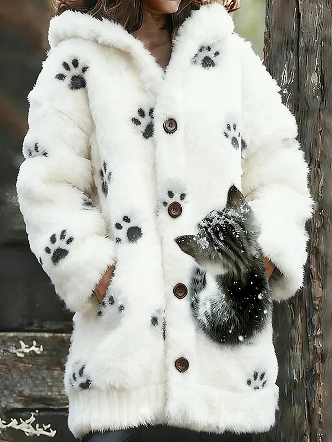 Women's Animal Cat Paw Print Flannel Warm Jacket