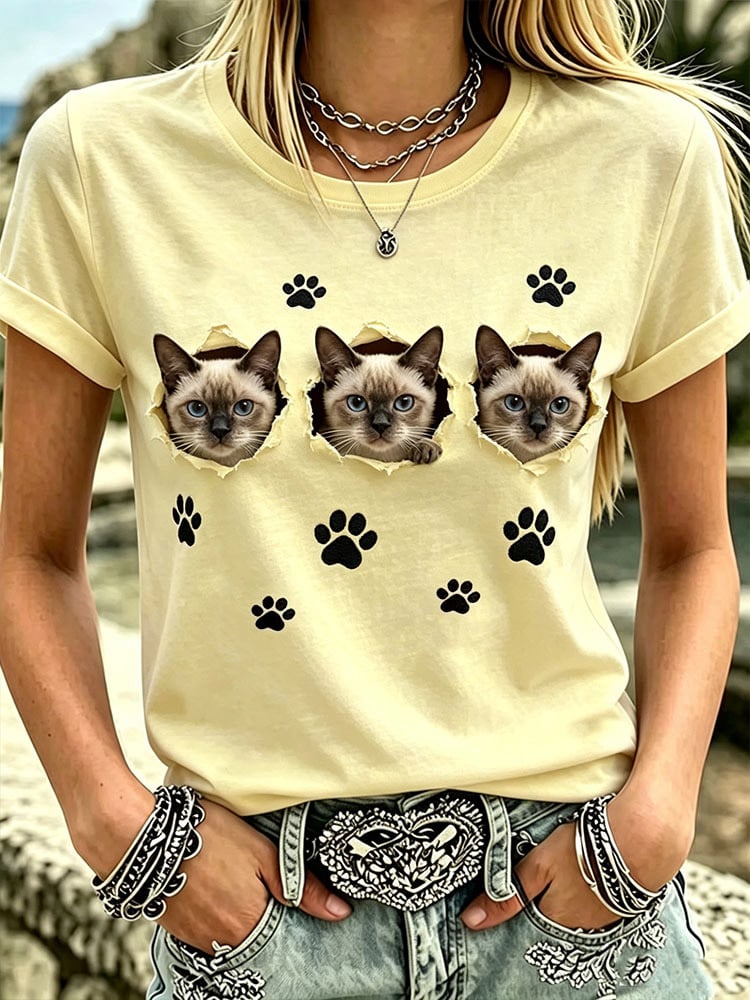 Women's Casual Cute Cat Print Crew Neck Short Sleeve T-Shirt