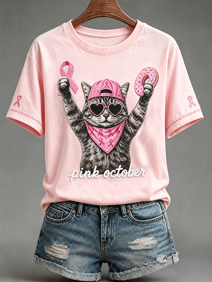 Retro Pink Cat Pattern Casual Short-Sleeved T-Shirt