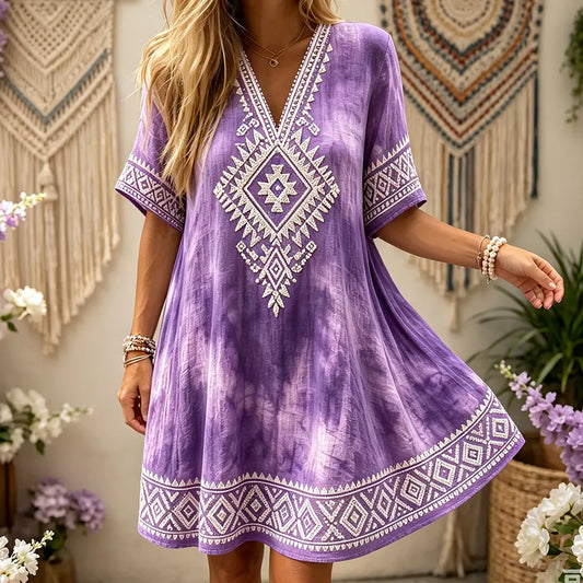 Women's Purple V-neck Short-sleeved Casual Mini Dress, Decorated With Geometric Tribal And Diamond Patterns.