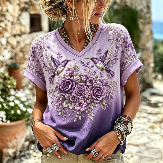 Women's Retro Vacation Floral Hummingbird Print V-neck Cotton Linen Short-sleeve T-shirt