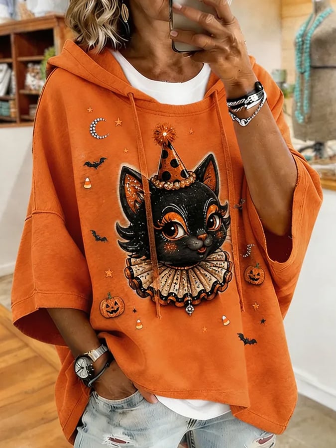 Women's Halloween Cat Print Hoodie