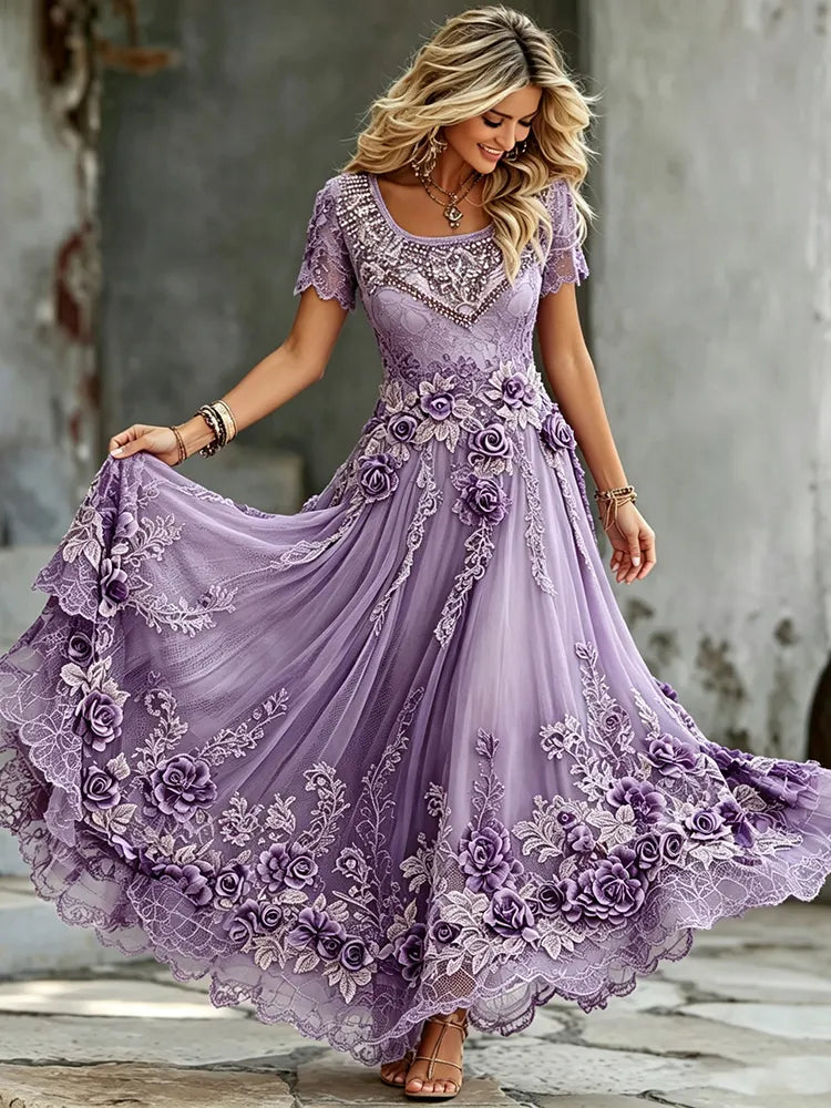 Women's Vintage Purple Floral Art Cotton Linen Short Sleeve Flowy Dress