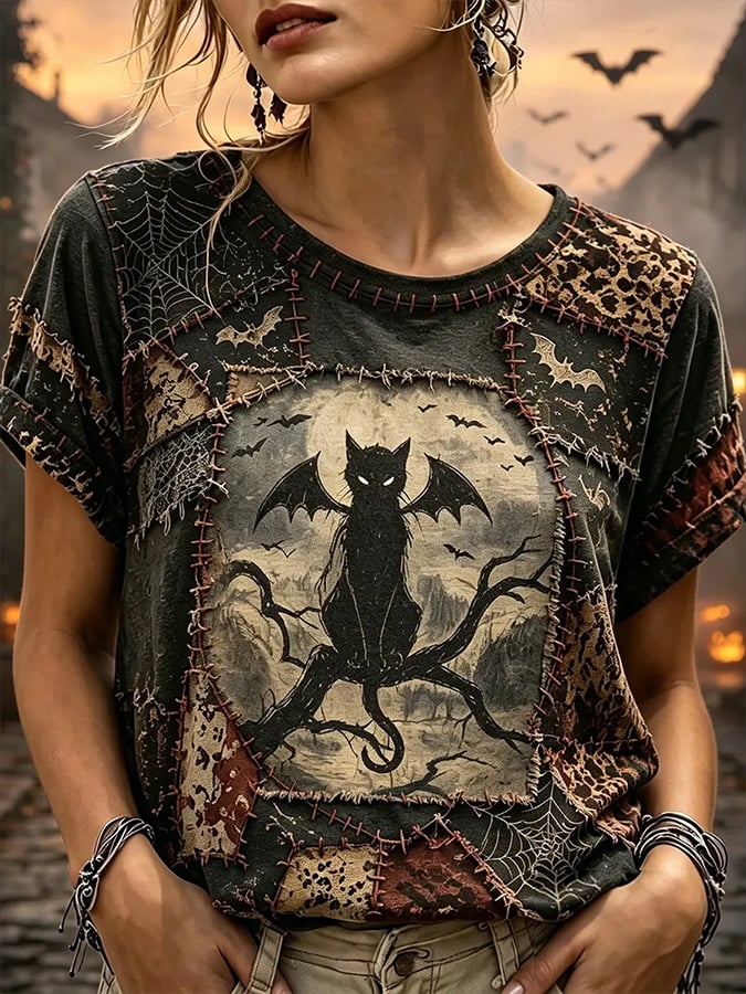 Women's Halloween Cat Print T-shirt