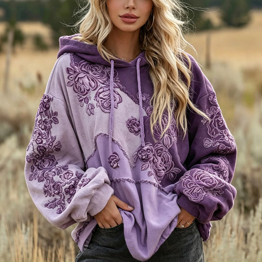 Women's Retro Purple Floral Art Embroidery Color-blocked Hooded Sweatshirt