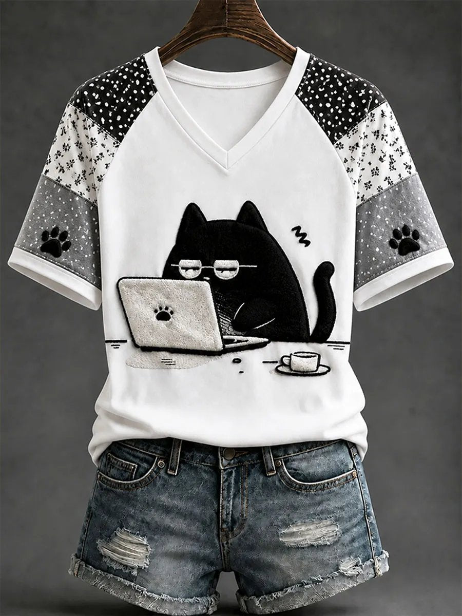 Women's Fun Black Cat Print T-Shirts