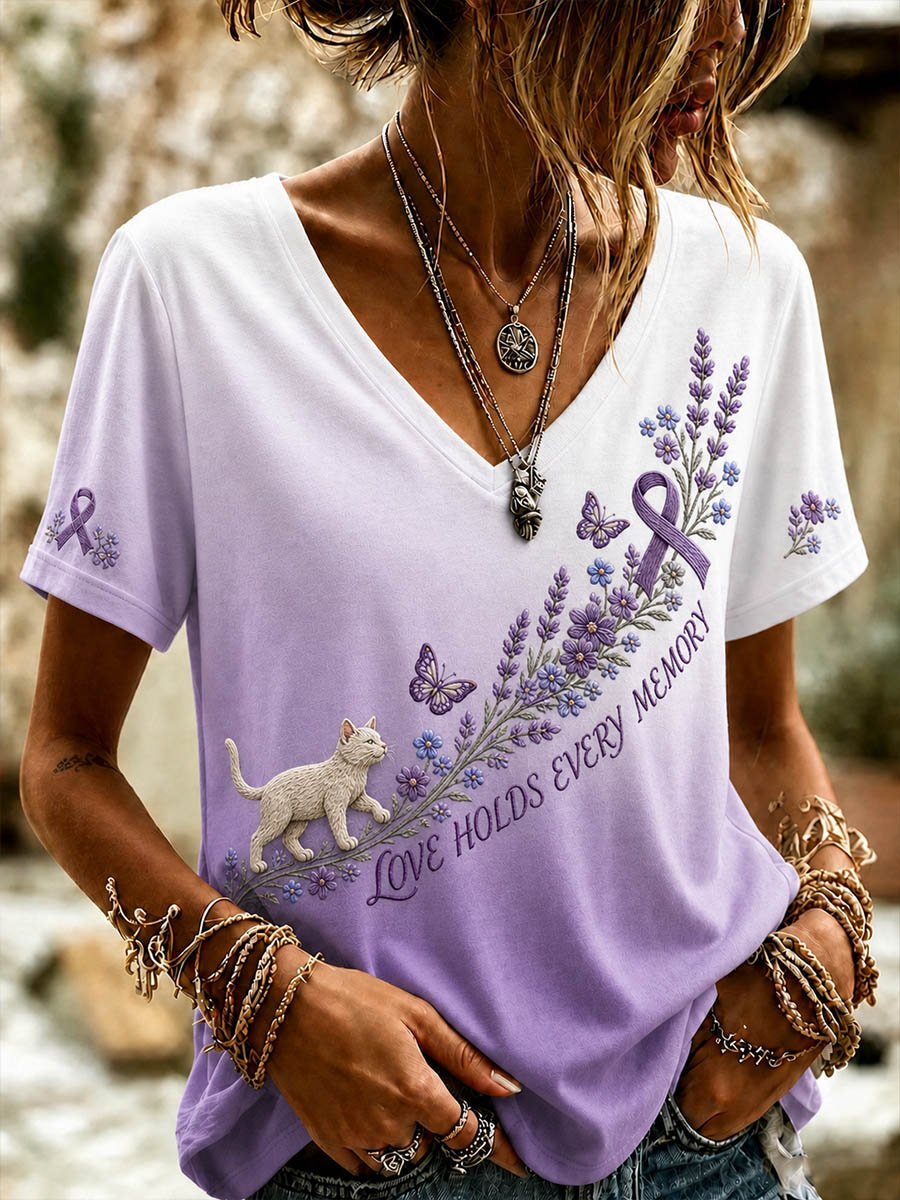 Women's Alzheimer's Awareness Floral Cat Print V-Neck T-Shirt