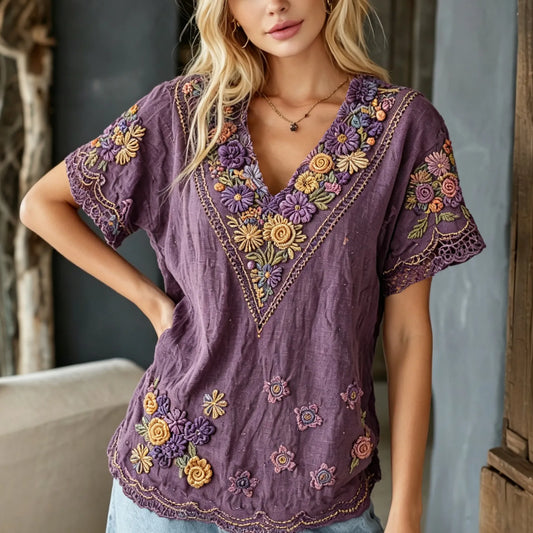 Women's Retro Floral Art Embroidery Cotton Linen V-neck T-shirt