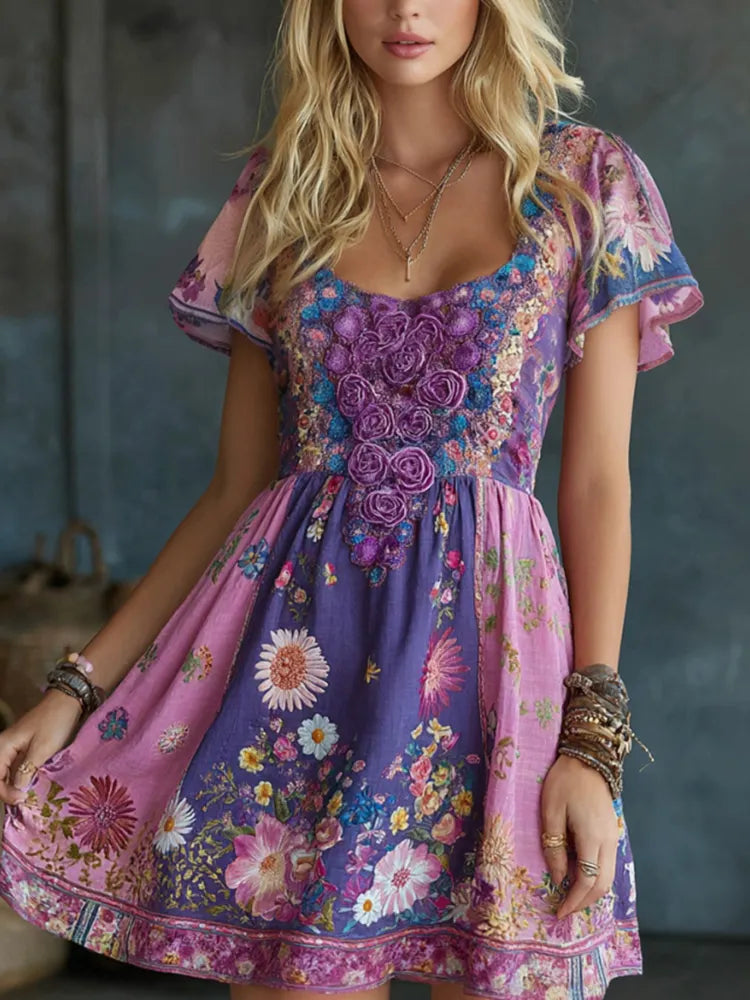 Women's Retro Floral Art Embroidery Cotton Linen Round Neck Dress
