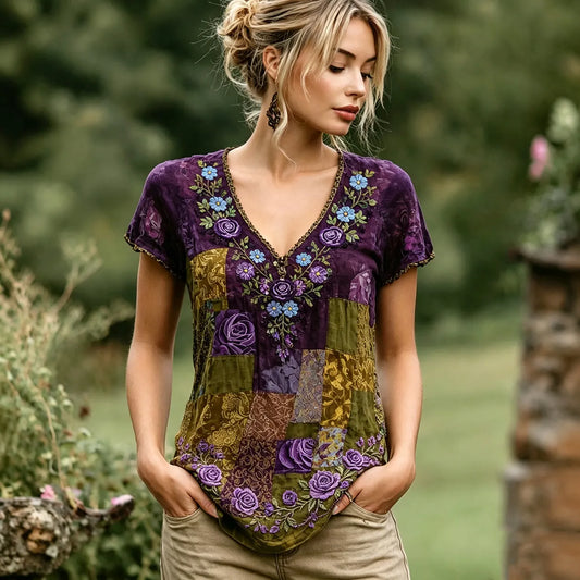Women's Vintage Rose And Forget-me-not Floral Pattern Casual Cotton Linen V-neck T-shirt