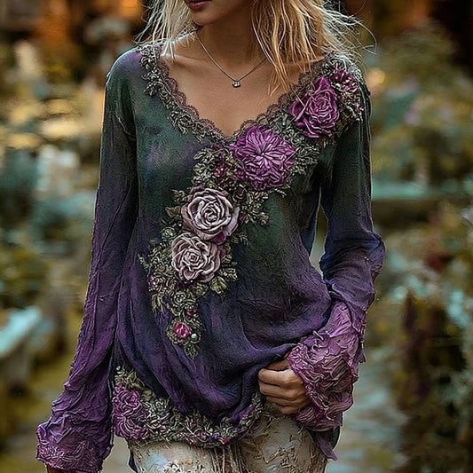 Women's Vintage Bohemian Rose Floral Embroidery Print Top