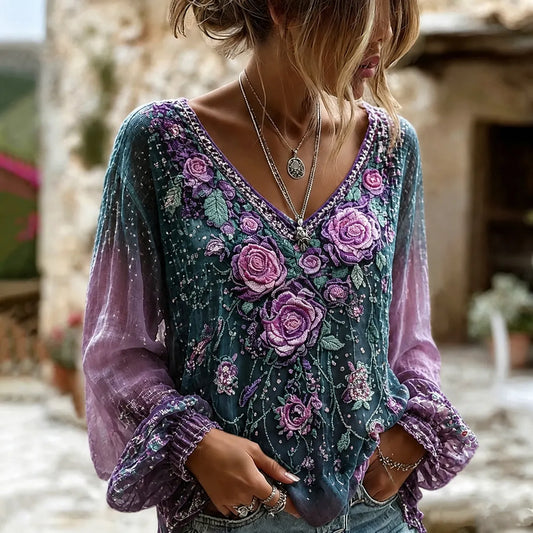 Women's Retro Boho Purple Floral Art Cotton Linen V Neck T-shirt
