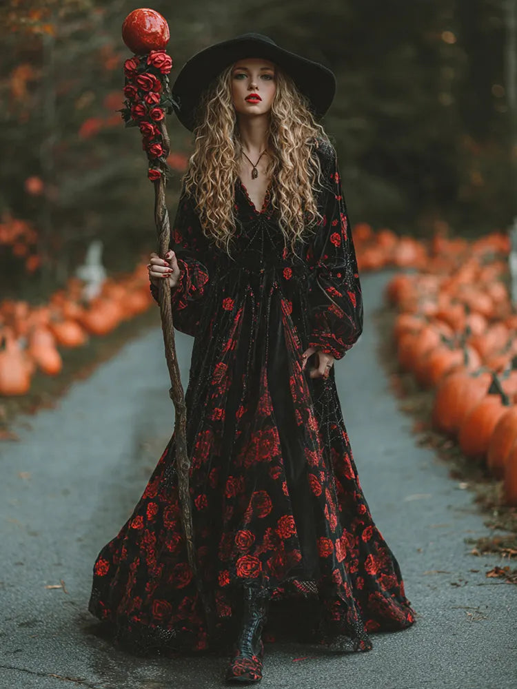 Women's Classic Halloween Rose And Spider Web Art Comfy Velvet Maxi Dress