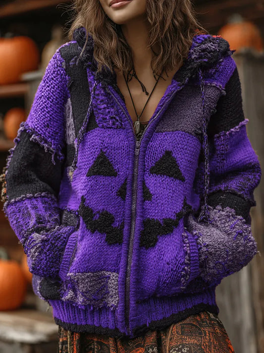Patchwork Halloween Pumpkin Face Art Cozy Knit Hooded Cardigan