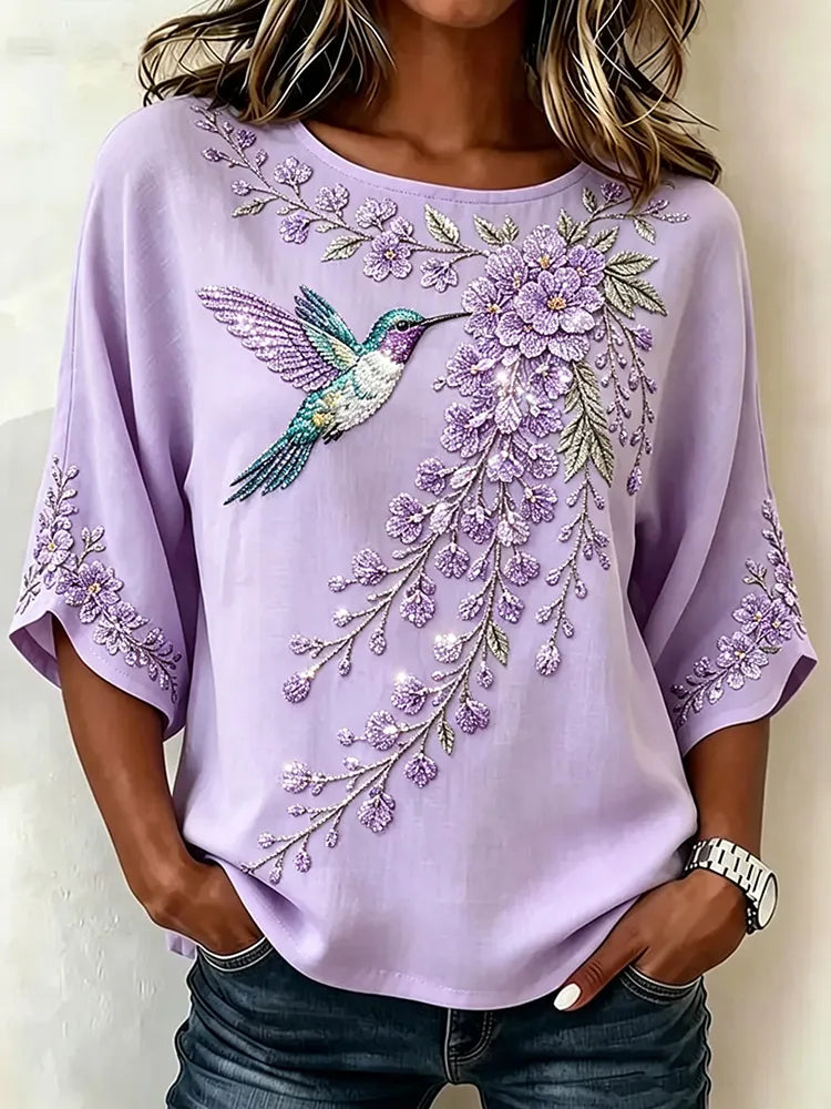 Women's Retro Purple Floral And Bird Pattern Casual Top