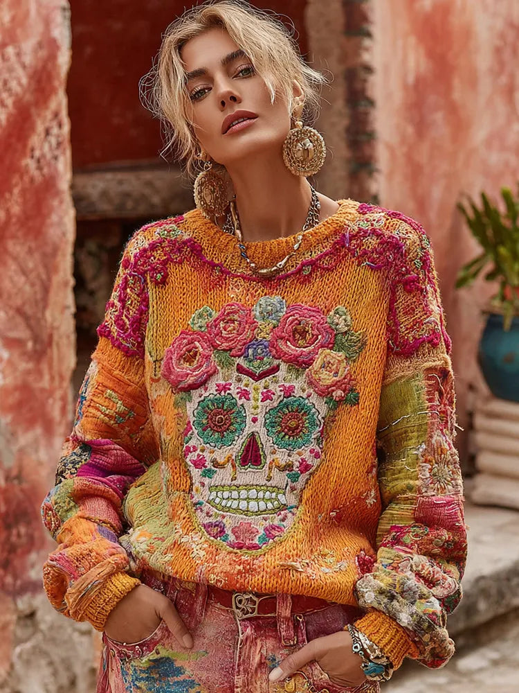 Women's Classic Mexican Sugar Skeleton Catrina Day Of The Dead Inspired Painting Embroidered Art Cozy Knitted Sweater
