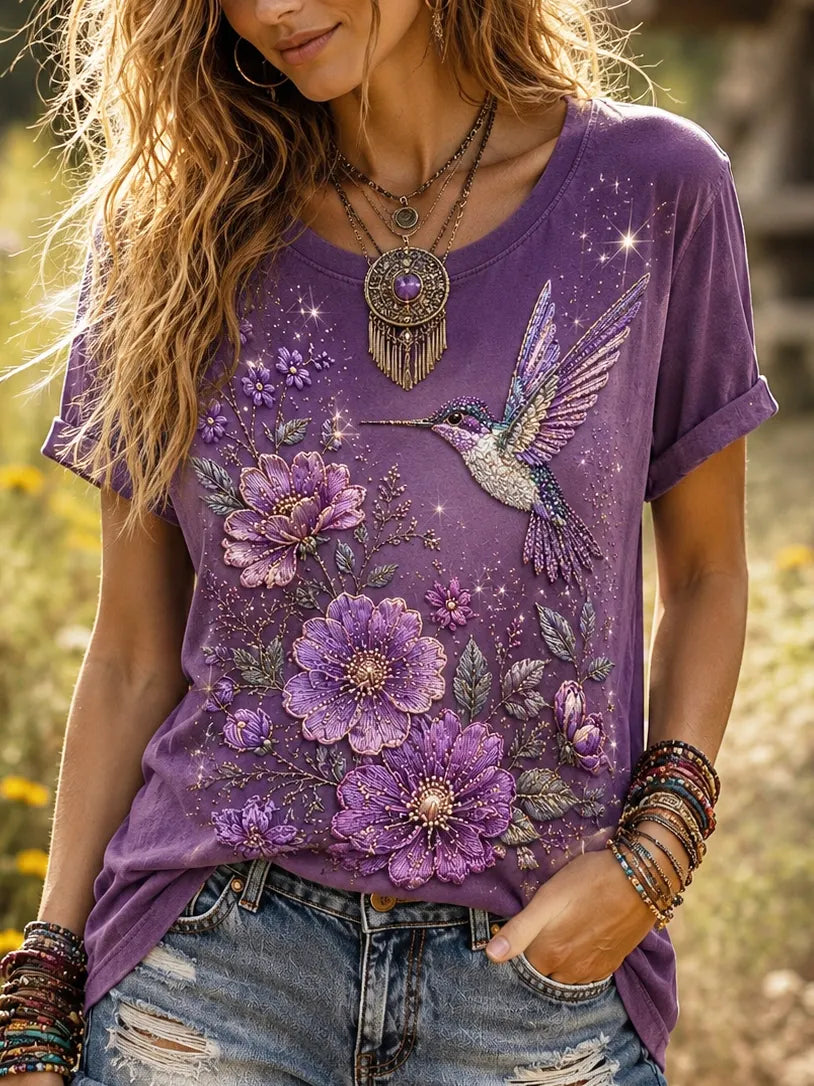 Women's Purple Floral Hummingbird Hot Drill Print Alzheimer's Awareness T-shirt