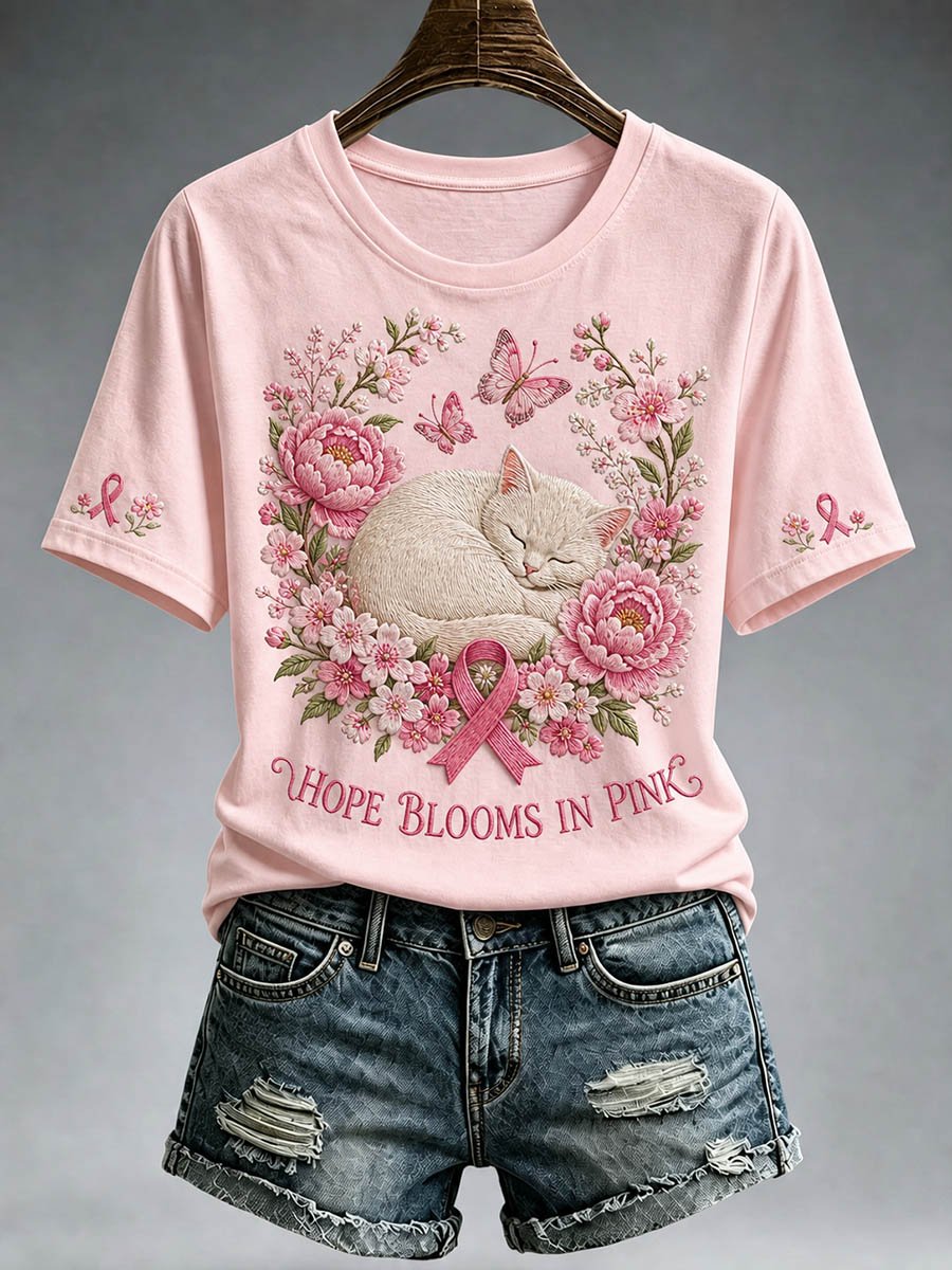 Women's Gentle Pink Peony Cat Breast Cancer Ribbon Casual T-shirt