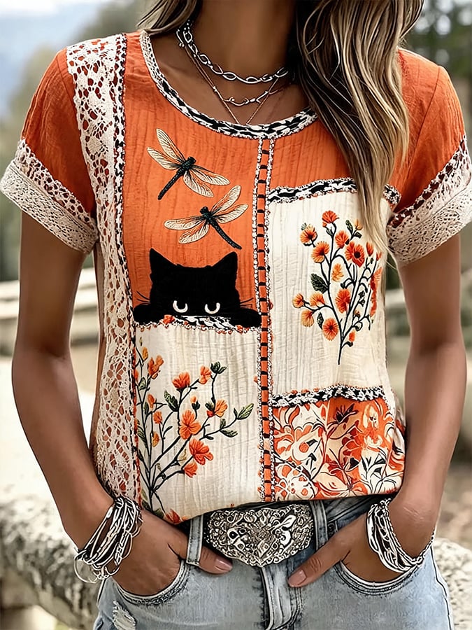 Women'S Animal Cat Floral Print T-Shirt