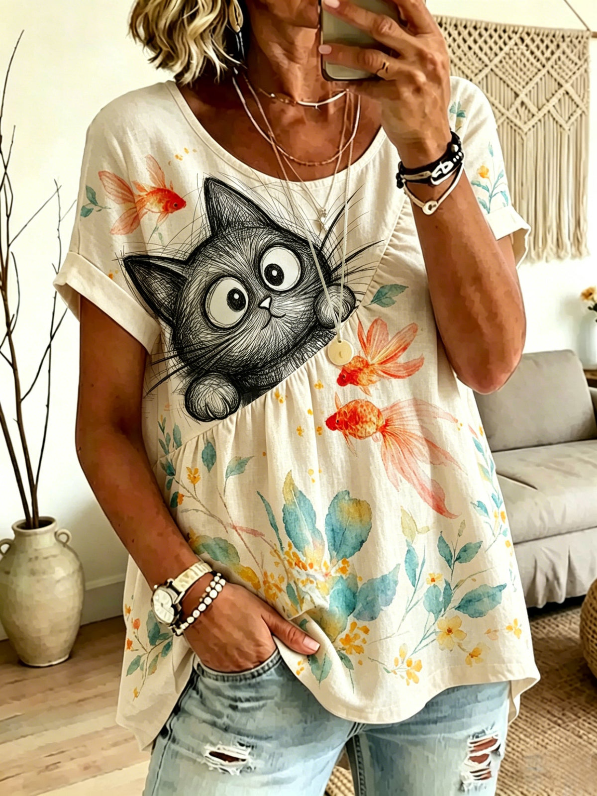Women's Playful Cat-Print Linen Top