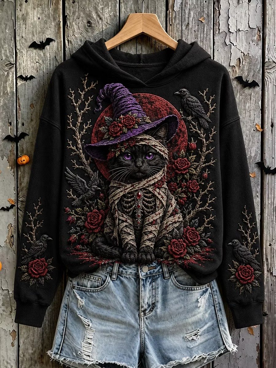 Women's Halloween Black Cat Art Print Casual Hoodie