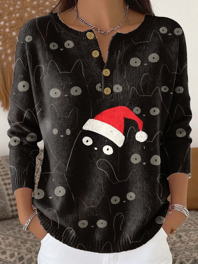 Women's Cat Print Knit Button Top