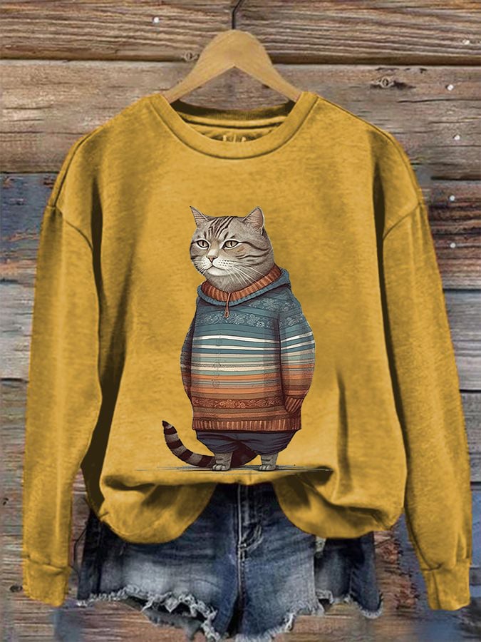 Women's Winter Cat Print Crew Neck Sweatshirt