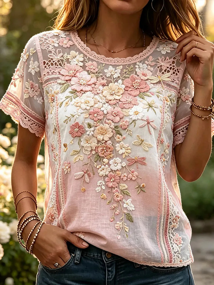 Women's Pink Floral And Dragonfly Lace Art Lightweight Cotton Linen Short-sleeved Top