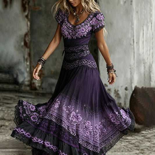 Women's Vintage Purple Rose And Celtic Knot Embroidered Casual V-neck Dress