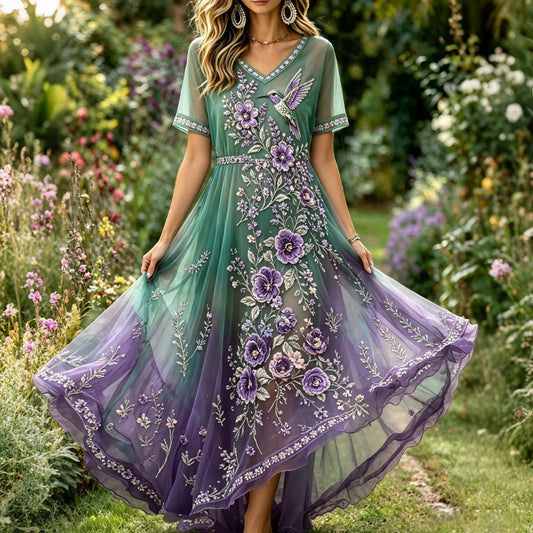 Women's Vintage Purple Floral And Hummingbird Art Embroidered Linen Casual V Neck Maxi Dress