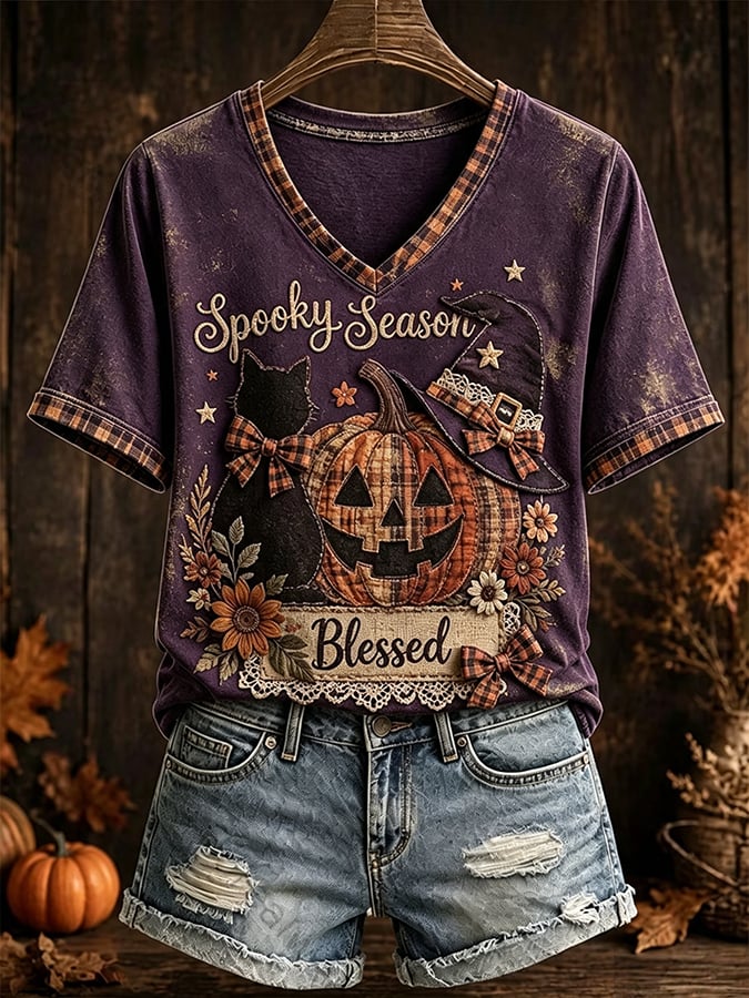 Women's Halloween Scary Pumpkin Face Cat Art Print Top