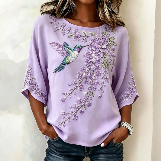 Women's Retro Purple Floral And Bird Pattern Casual Top
