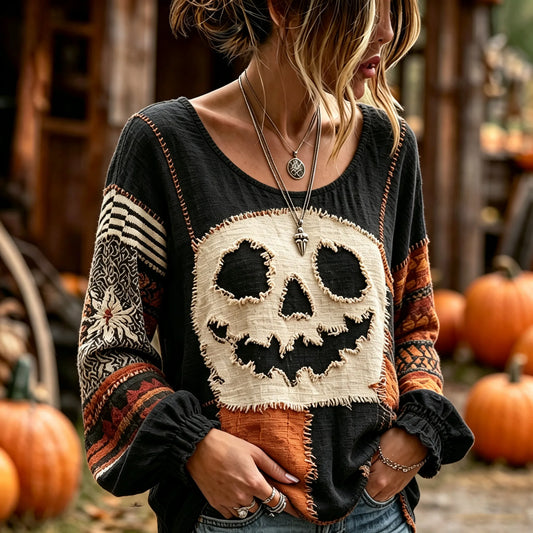 Women's Halloween Jack-o'-lantern Art Embroidered Linen Blend Round Neck Long Sleeve Tops