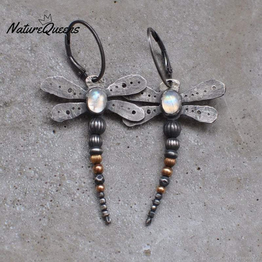 Round moonstone dragonfly earrings