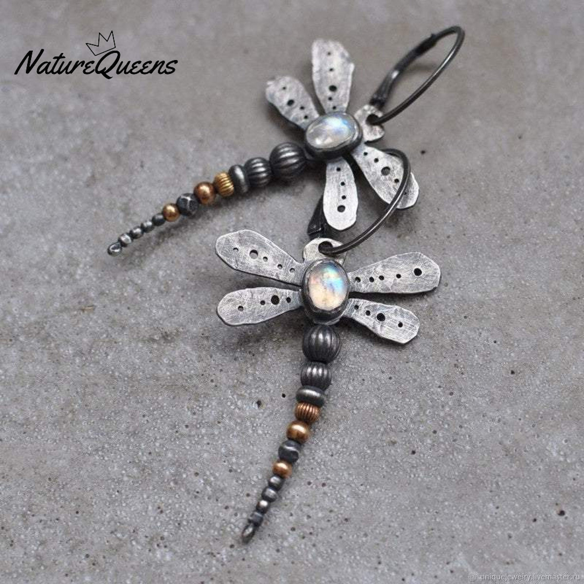 Round moonstone dragonfly earrings