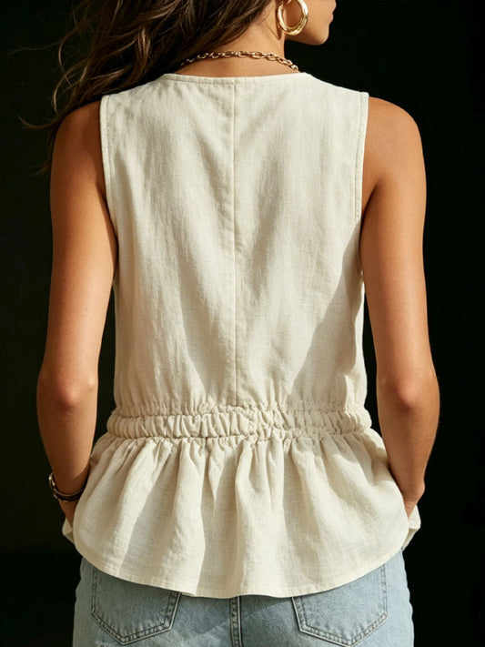 Women's Vintage Ruffled Sleeveless Cotton-Linen Tank Top