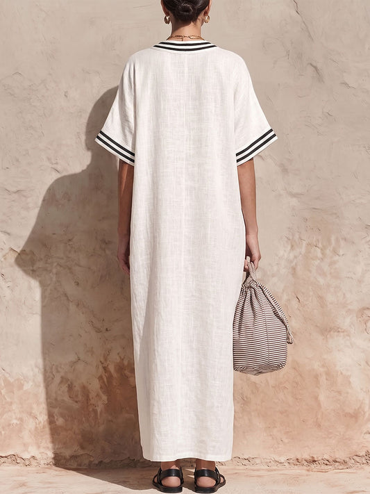 Women's Casual Loose Cotton-linen V-neck Short-sleeve Dress