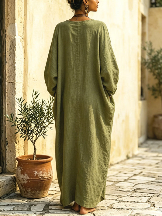 Women's Solid Color Art Casual Long Sleeve Cotton Linen Dress