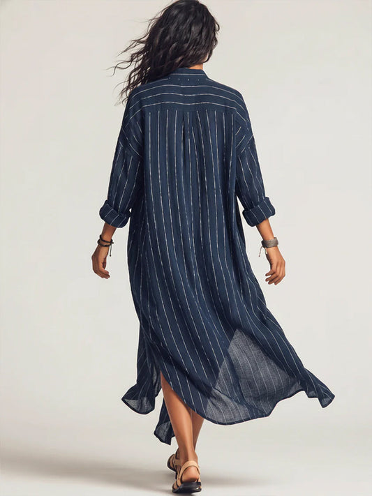 Loose-fit Casual Striped Linen-cotton Shirt Dress