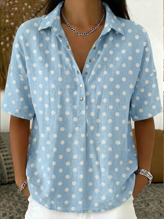 Casual Polka Dots Polo Collar Short-sleeved Linen And Cotton Shirt