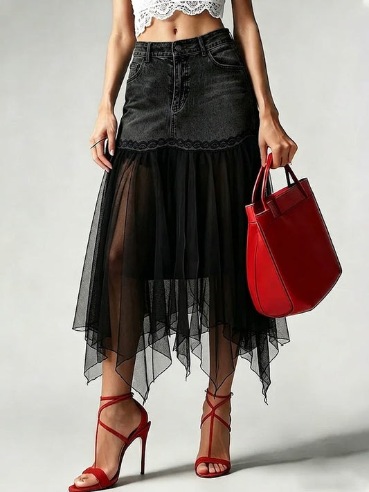 Stylish Casual Spliced mesh Denim Skirt