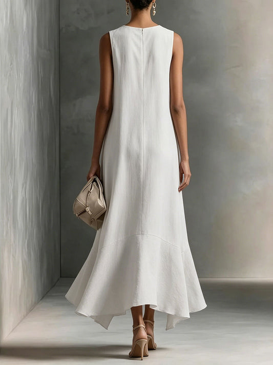 Women's Cotton-linen Deep V-neck And Asymmetrical Hem Elegant Slimming Sleeveless Dress