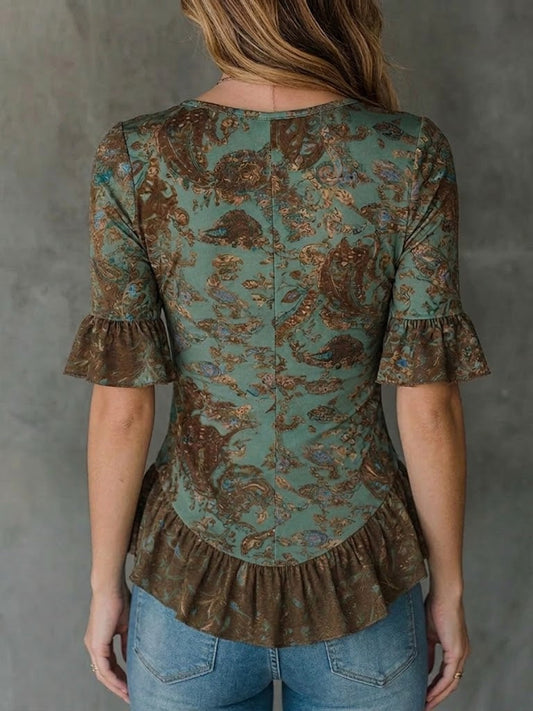 Bohemian-print Ruffled Top In Stretchy Cotton