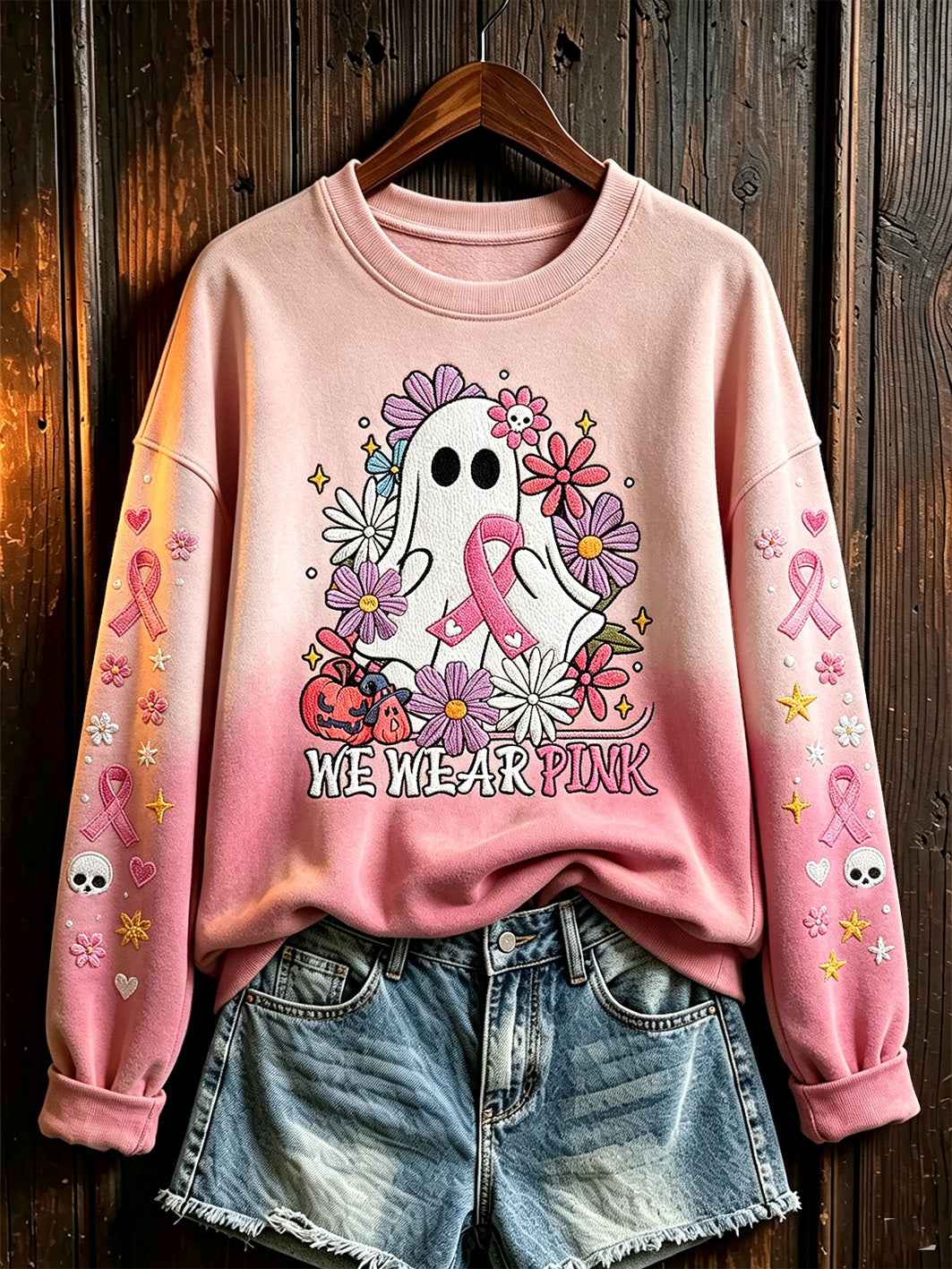 Women's Breast Cancer Theme Halloween Elements Pattern Printed Casual Sweatshirt