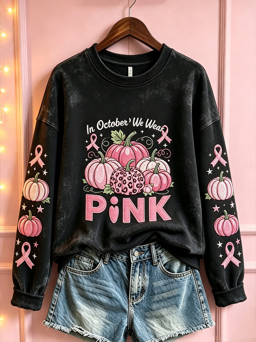 Breast Cancer Theme Halloween Elements Pattern Printed Casual Sweatshirt