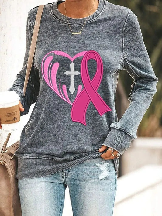 Women's Cross Heart With Pink Ribbon Embroidered Printed Sweatshirt