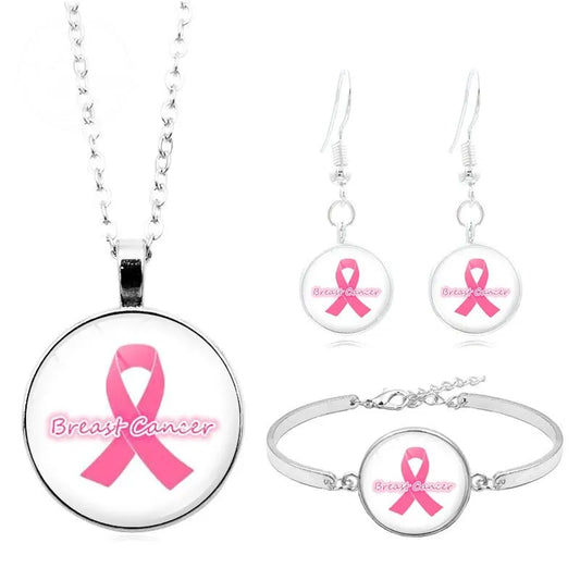 Breast Cancer Pink Ribbon Logo Necklace Set